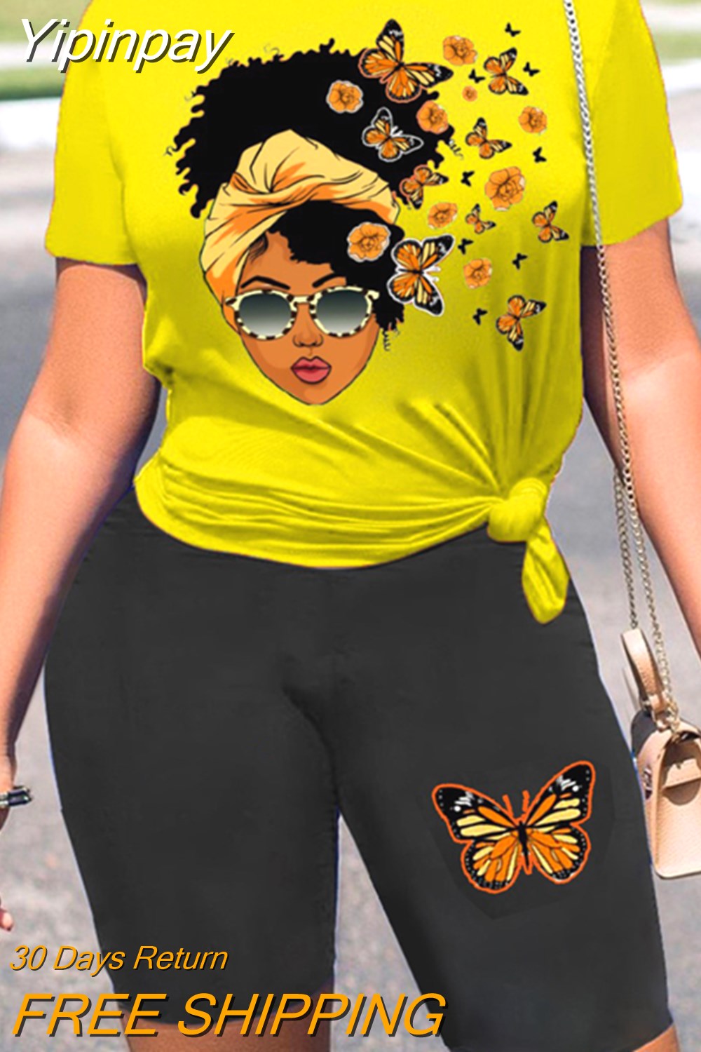 Yipinpay Women's Summer Suit Butterfly Figure Print Casual Top Shorts Set Tow Piece Suit Set Woman 2 Pieces Summer 2023