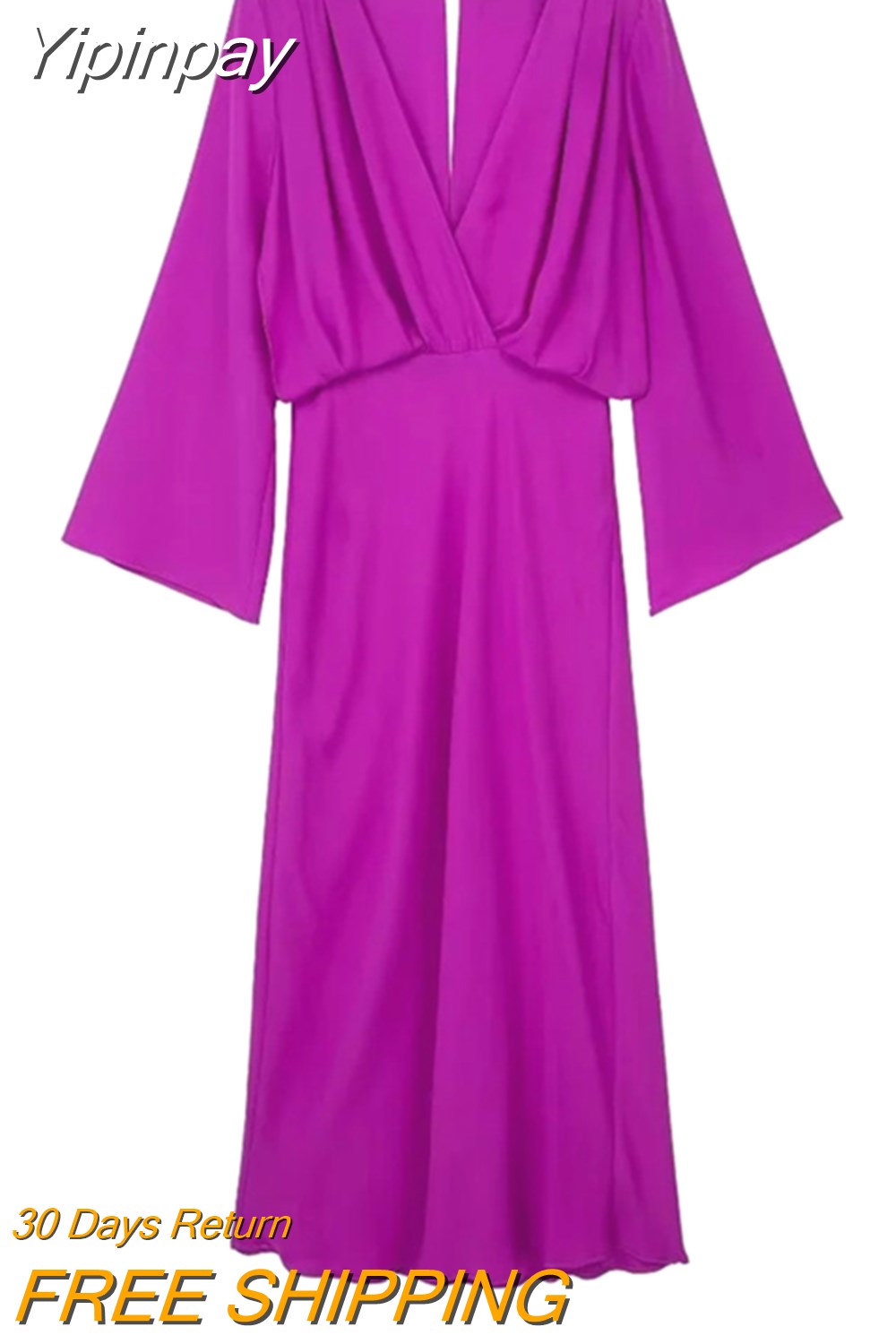 Yipinpay 2023 Purple Long Dress Women Pleated Satin Midi Dress Woman Long Sleeve Elegant Party Dresses For Women Evening Dresses