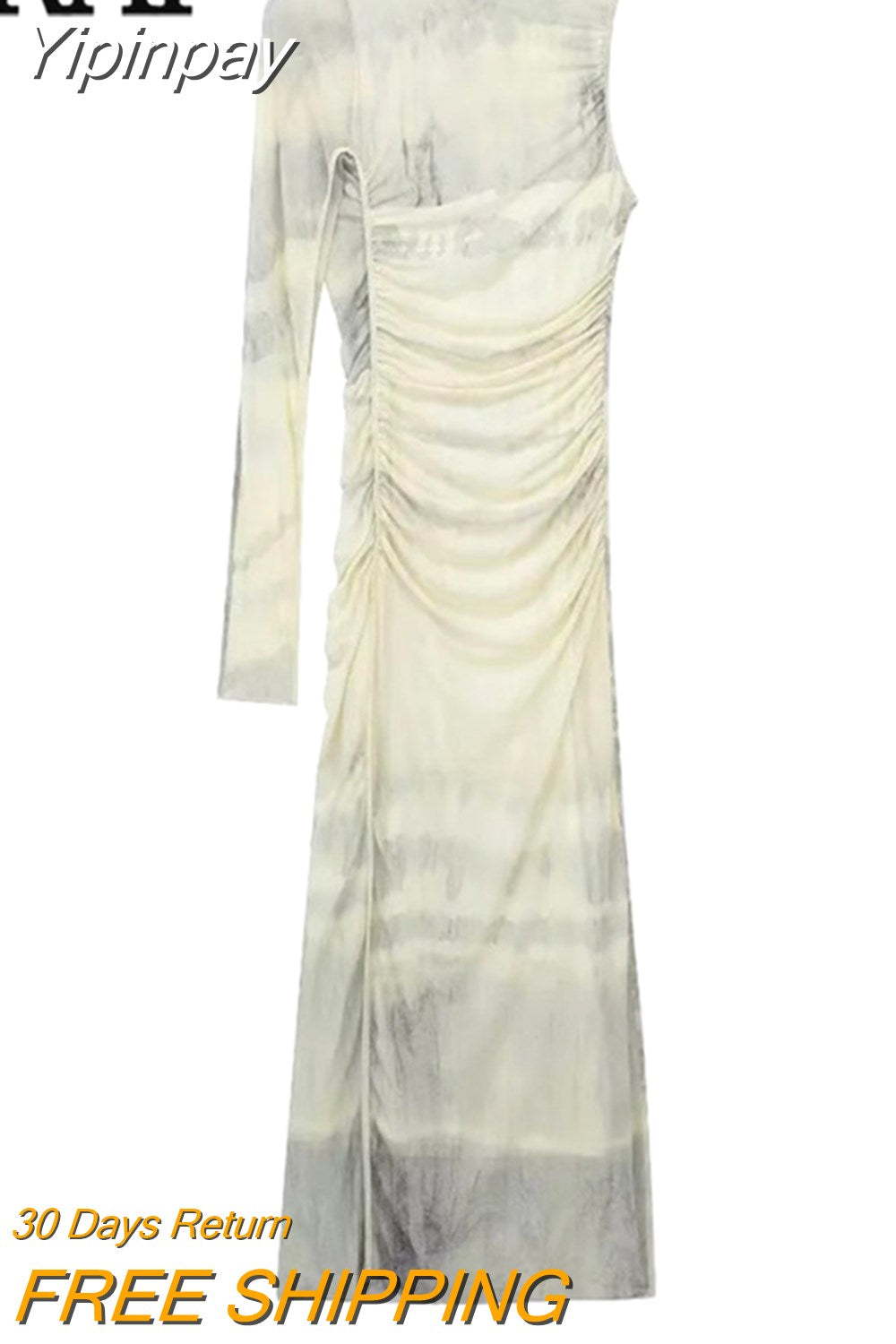 Yipinpay 2023 Printed Tulle Long Dress Women Off Shoulder Mesh Dress Woman Semi Sheer Long Sleeve Dresses Asymmetric Midi Dresses