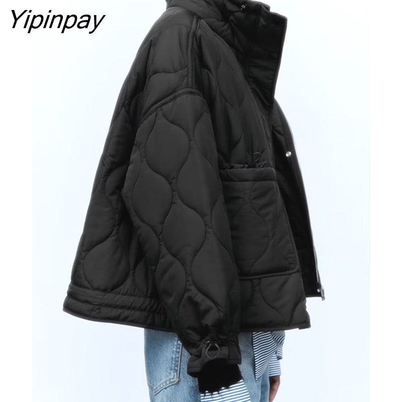 Yipinpay Warm Ladies Winter Solid Parkas Jackets 2023 Pockets Female Thicken Causal Coat Cotton Padded Parka Coats Zipper Outwear