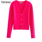 Yipinpay New Solid Ladies Knitted Sweater 2023 Autumn Winter Warm V-Neck Coat Single Breasted Cardigan Long Sleeve Harajuku Tops