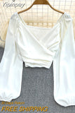 Yipinpay 2023 Spring Summer V-neck Blusas Women Plain Sexy Elastic Long Puff Sleeve Blouses Ladies Chic Ruched Crop Tops Female