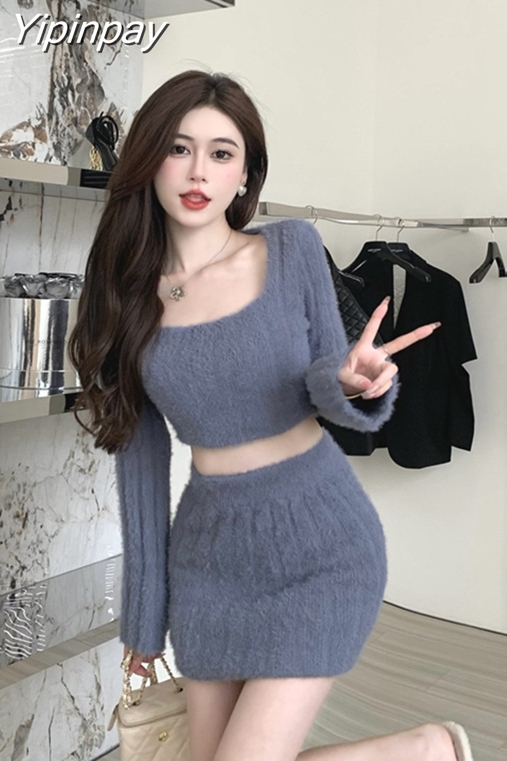 Yipinpay two piece skirt set Plush knit women long sleeve crop top +High waist midi skirts Elegant fall Winter 2023 white purple set