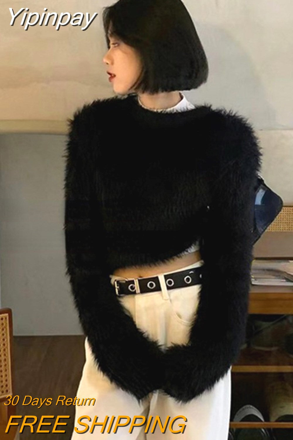 Yipinpay Crop Tops Woman Casual Knitted Sweater 2023 Autumn Long Sleeve Pure Color Pullover Elegant Korean Fashion Clothing Female