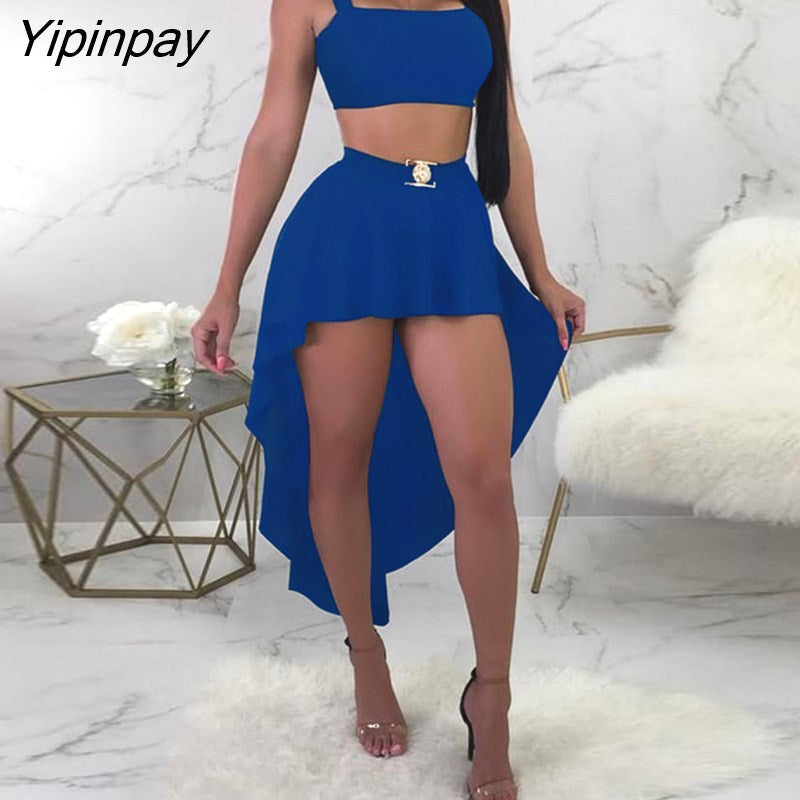 Yipinpay Women Clothes Thick Strap Square Neck Top & Dip Hem Skirt Set Casual Look for Women 2023
