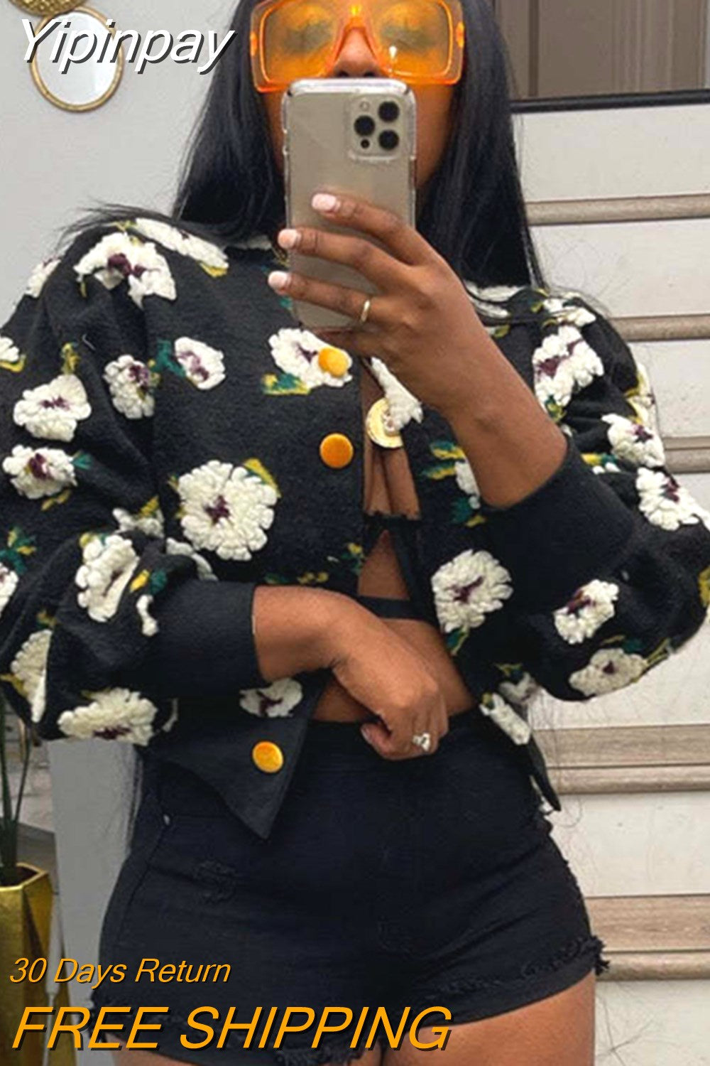 Yipinpay Cotton Rib Knit Sweater For Woman 3D Flower Single-breasted Cardigan Coat Street Temperament Casual Pull Hiver Femme