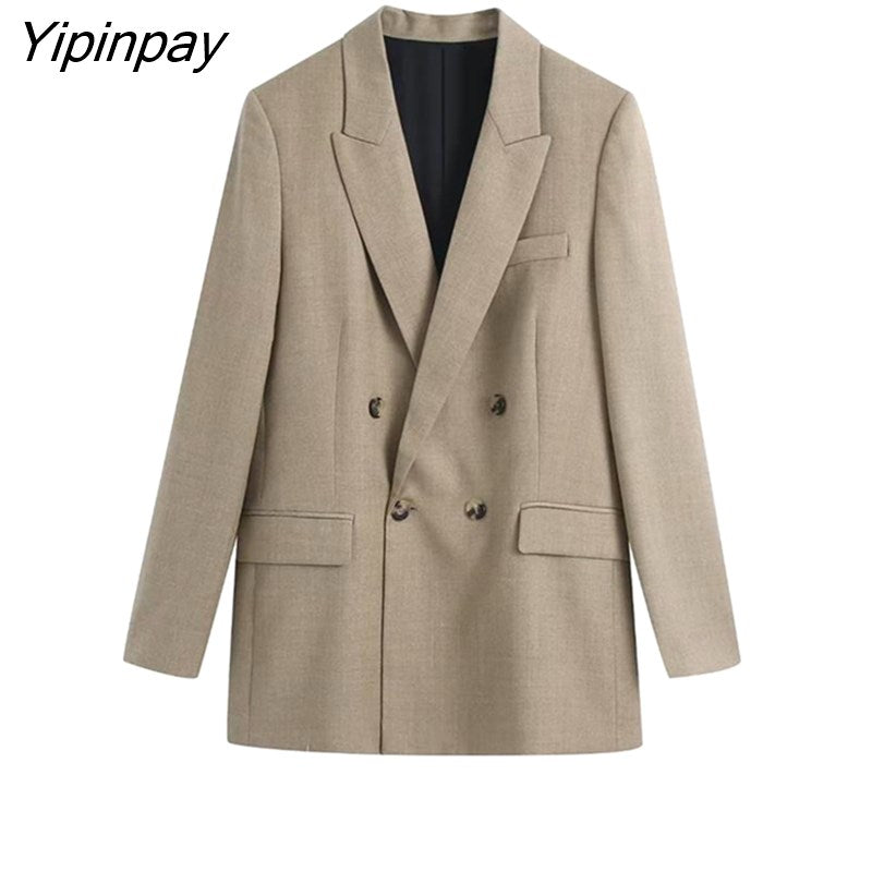 Yipinpay Women New Autumn Blazer Pant Sets 2023 Long Sleeve Office Outfits Coat Double Breasted Jacket Zipper Trouser Outwear