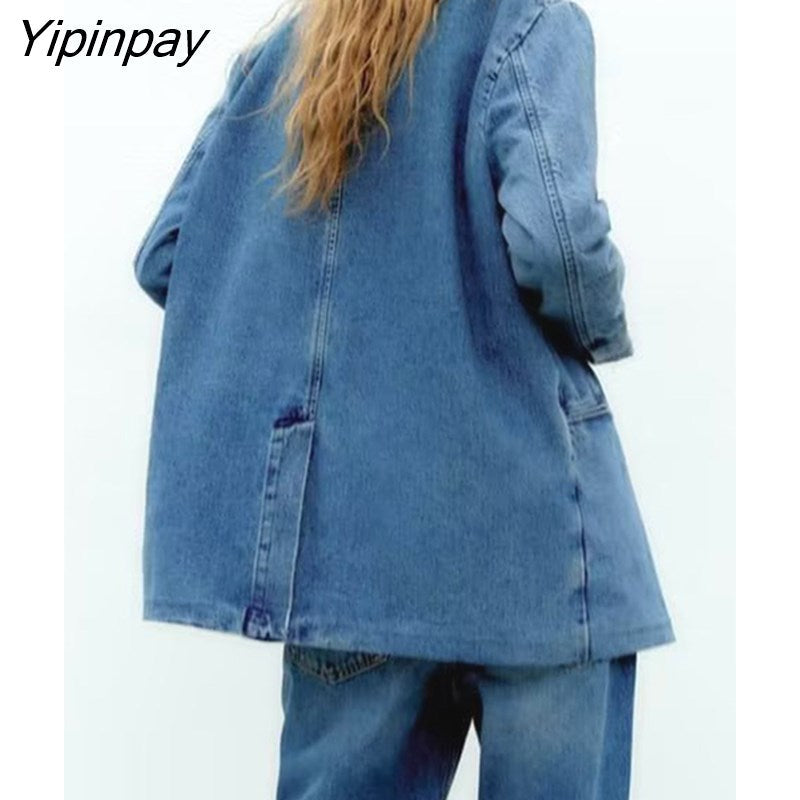 Yipinpay 2023 Autumn Women Denim Blazer Jackets Solid Notched Causal Pockets Coats Single Breasted Long Sleeve Chic Outwear