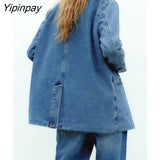 Yipinpay 2023 Autumn Women Denim Blazer Jackets Solid Notched Causal Pockets Coats Single Breasted Long Sleeve Chic Outwear