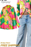 Yipinpay 2023 Pink Print Satin Shirt Woman Vintage Button Up Shirt Women Long Sleeve Top Female Casual Loose Blouses Hawaiian Shirt