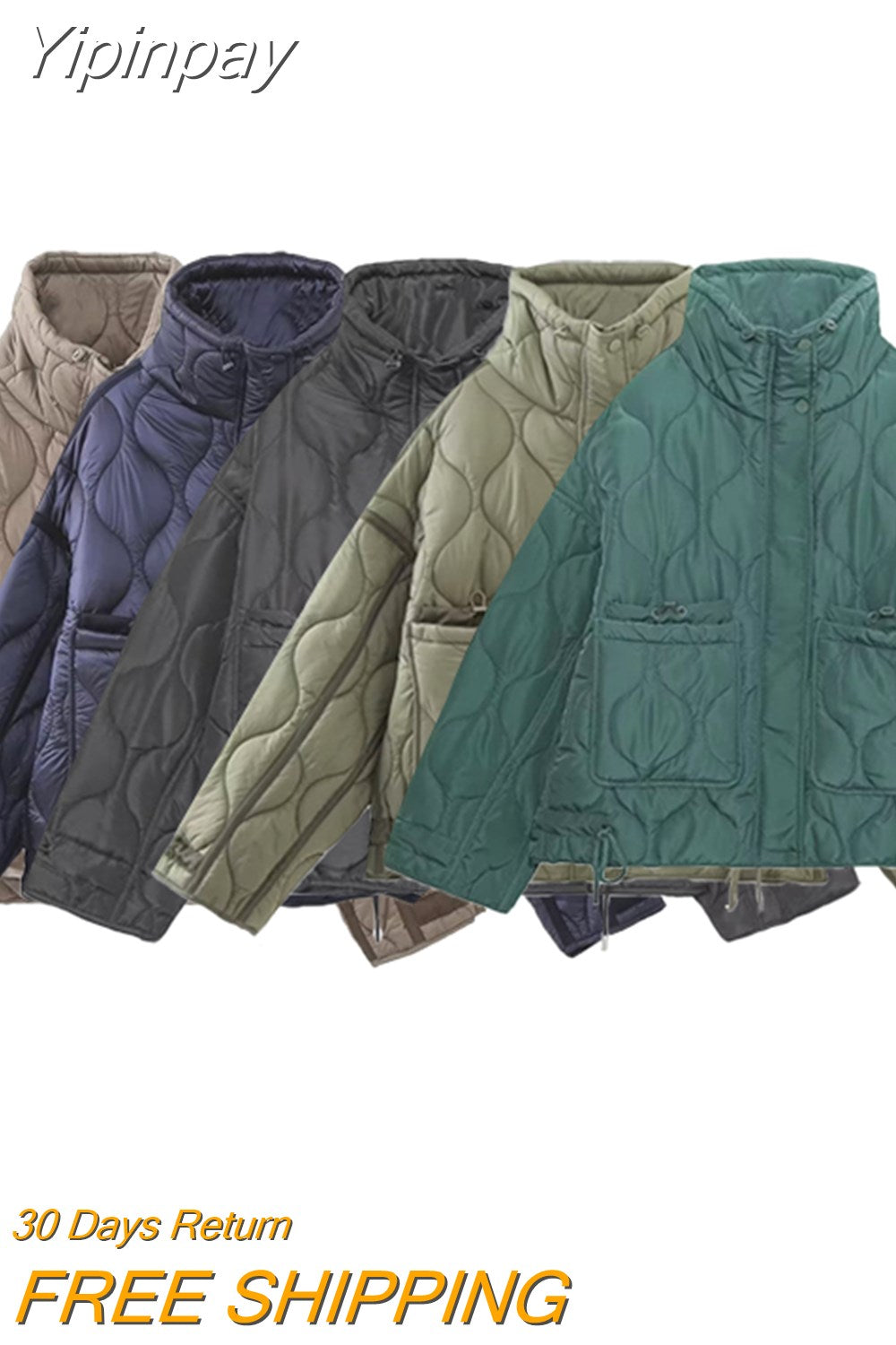 Yipinpay TRAF Fashion Quilted Coat for Women 2023 Stand Collar Warm Coats Female Front Zipper Long Sleeve Jacket Ladies Outerwear
