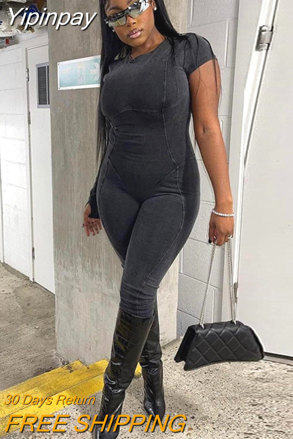 Yipinpay 2023 Slim Fit Denim Jumpsuits For Women Sport Short Sleeve Solid Playsuit Street Casual Mono Fiesta Para Mujer Elegante