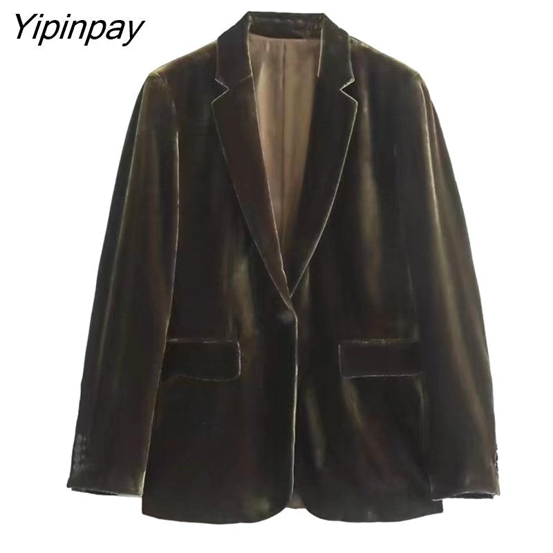 Yipinpay Simple Women Autumn Velvet Blazer Jackets Pants Set 2023 Office Single Button Coat Female Oversize Clothes Outerwear