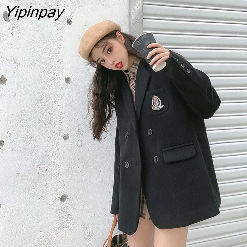 Yipinpay New Women Jacket Loose Black Preppy Style Woolen Coat Notched Collar Fashion Baggy Suit Coat Female Jacket