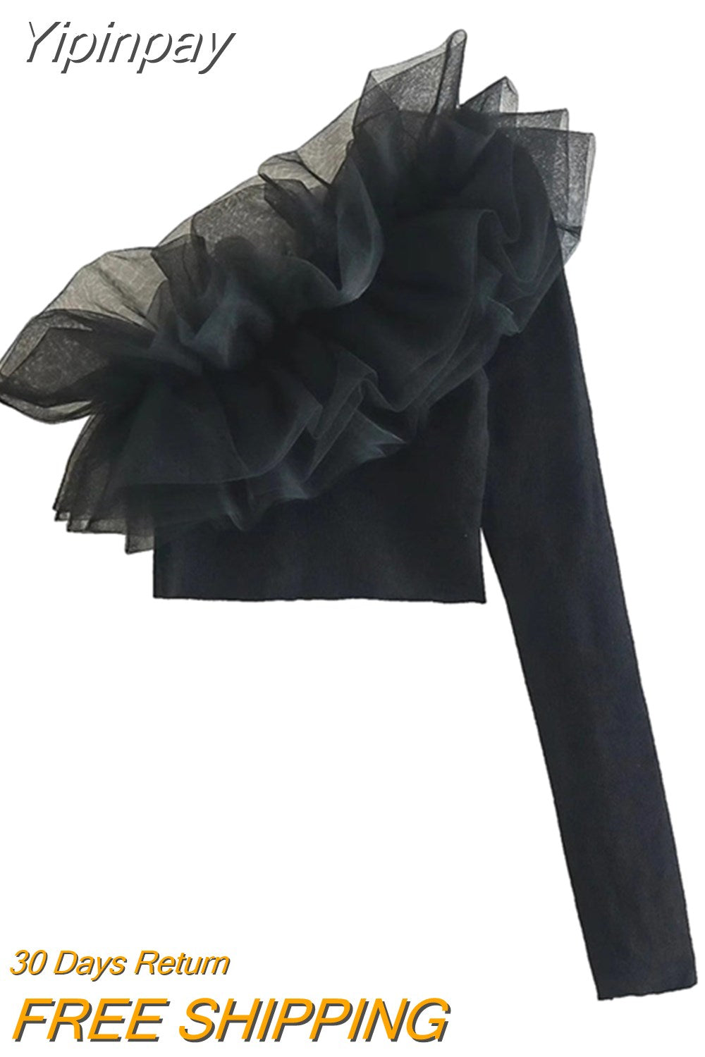 Yipinpay Ruffle Black Crop Top Women Asymmetric Knit Top Female Off Shoulder Long Sleeve Autumn Blouse Woman 2023 Organza Sexy Tops