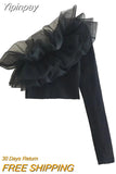 Yipinpay Ruffle Black Crop Top Women Asymmetric Knit Top Female Off Shoulder Long Sleeve Autumn Blouse Woman 2023 Organza Sexy Tops