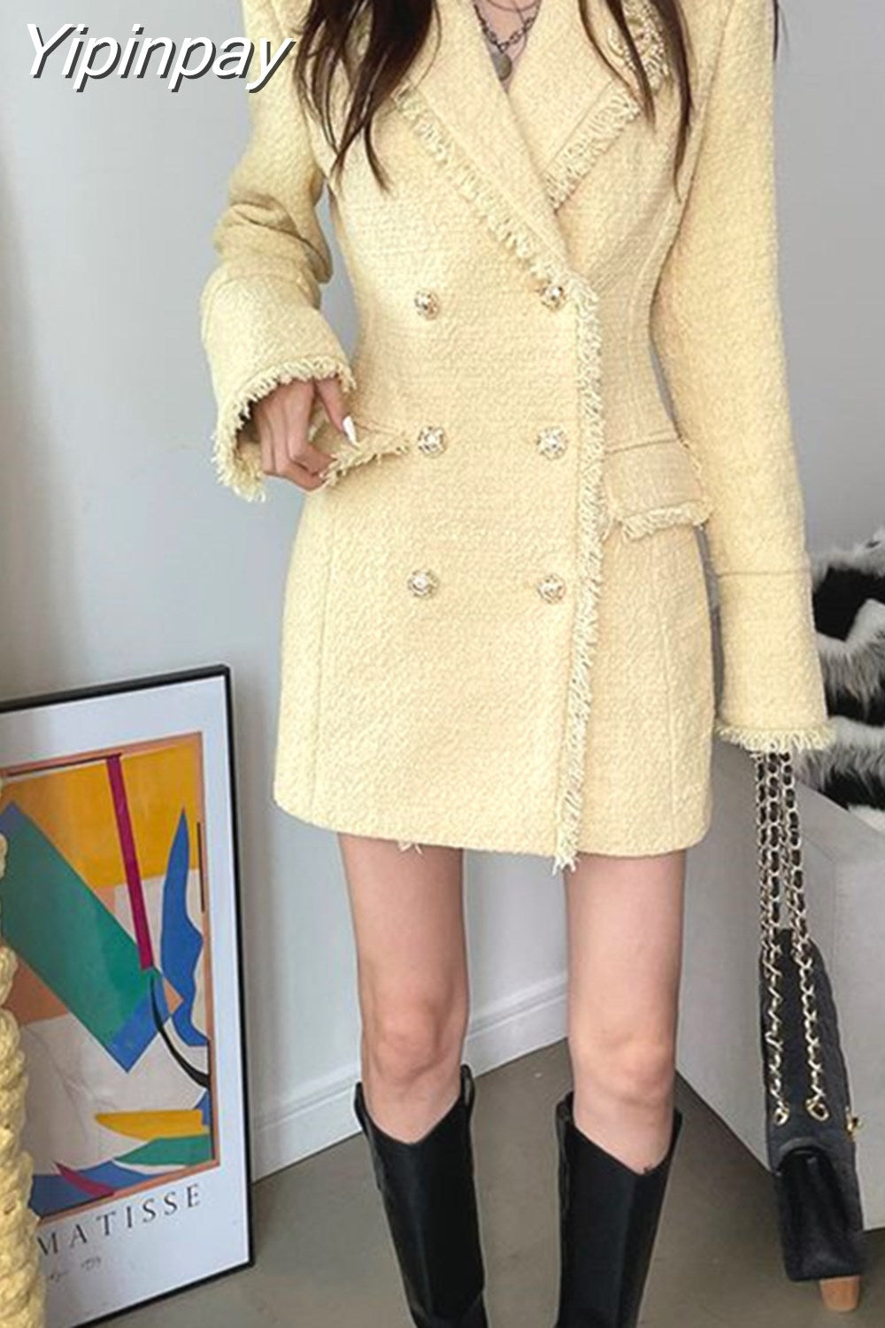 Yipinpay Tassels Buttons Long Sleeve Jacket Winter Coat Yellow Purple Thick Outerwear Ladies Retro Elegant Chic Midi Dress