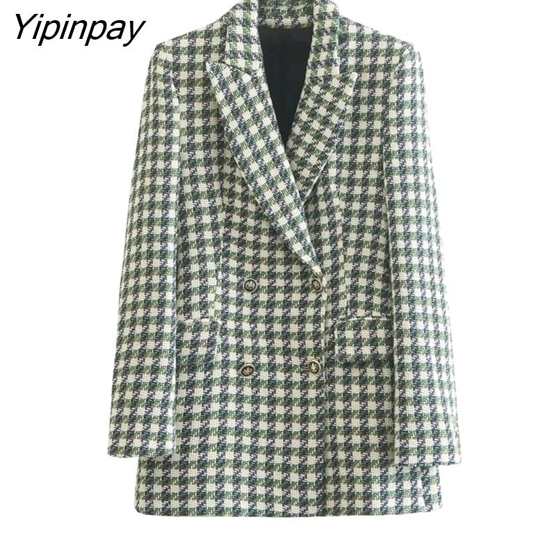 Yipinpay Spring Autumn Women Jacket Coat 2023 Fashion Double Breasted Tweed OL Blazer Vintage Long Sleeve Female Outerwear Chic Top