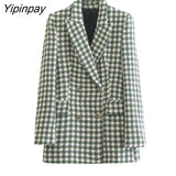 Yipinpay Spring Autumn Women Jacket Coat 2023 Fashion Double Breasted Tweed OL Blazer Vintage Long Sleeve Female Outerwear Chic Top