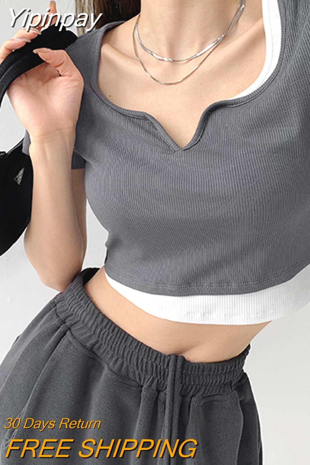 Yipinpay Streetwear Fake Two-piece T-shirts Women Summer Slim V-neck Short Sleeve Patchwork Crop Tops New