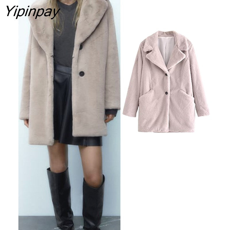 Yipinpay 2023 Women Faux Fur Thicken Coat Autumn Winter Vintage Warm Long Sleeve Pockets Female Single Breasted Outerwear Chic Tops