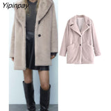 Yipinpay 2023 Women Faux Fur Thicken Coat Autumn Winter Vintage Warm Long Sleeve Pockets Female Single Breasted Outerwear Chic Tops