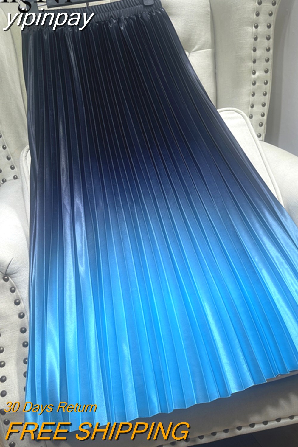 yipinpay 2023 Pleated Midi Skirts Womens Satin Tie Dye Gradient High Waist Long Skirt Stylish Casual Elegant Faldas Female Jupe