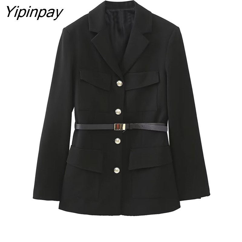 Yipinpay 2023 Women Solid Blazer Jacket With Belt Spring Notched Office Outfits Coats Single Breasted Chic Outwear