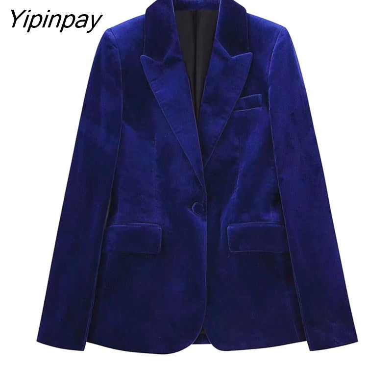 Yipinpay New Women Autumn Velvet Blazer Pants Set 2023 Fashion Office Single Button Jacket Coat Female Oversize Clothes Outerwear