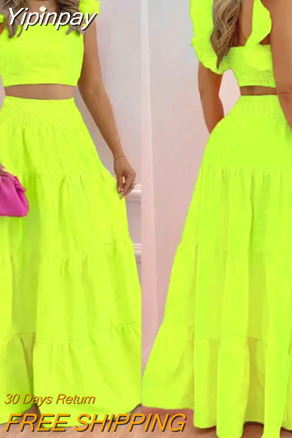 Yipinpay Female Hot Style Ruffled Suspenders Pleated Back Crop Top and Long Skirt Solid Color Two-piece Set Women 2023 Fashion