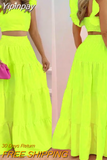 Yipinpay Female Hot Style Ruffled Suspenders Pleated Back Crop Top and Long Skirt Solid Color Two-piece Set Women 2023 Fashion