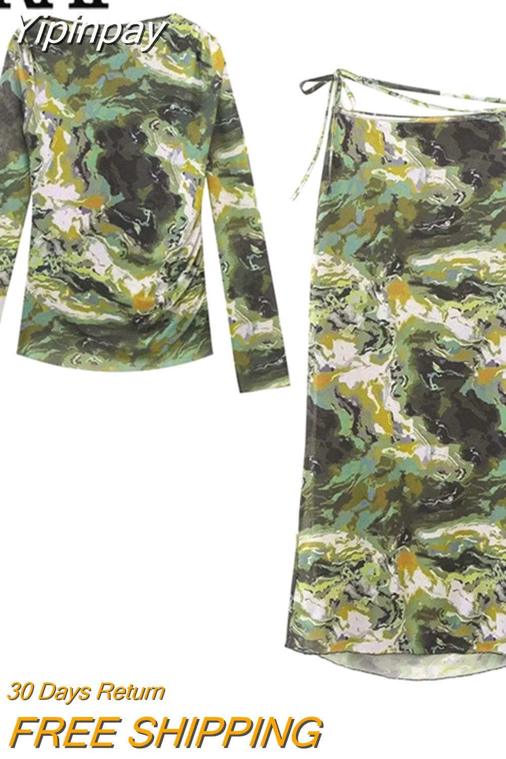 Yipinpay 2023 Blue Print Mesh Top Female Vintage Tulle Crop Top Women Ruched Chic Woman Blouse Long Sleeve Elegant Women's Blouses