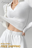 Yipinpay V-Neck Slim Fitness Women's T-Shirt Fashion New Long Sleeve Polo Shirt Woman High Waist Cropped Tops