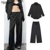 Yipinpay 2023 Spring Autumn Women Black Blouse Suit Oversized Fashion Single Breasted Pocket Top 2 Pcs Wide Leg Pants Street Outwear