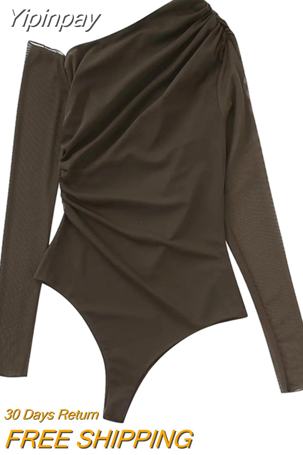 Yipinpay Brown Mesh Bodysuit Women Long Sleeve Body Woman Tulle See Through Bodysuit Lingerie Sexy Off Shoulder Asymmetrical Top