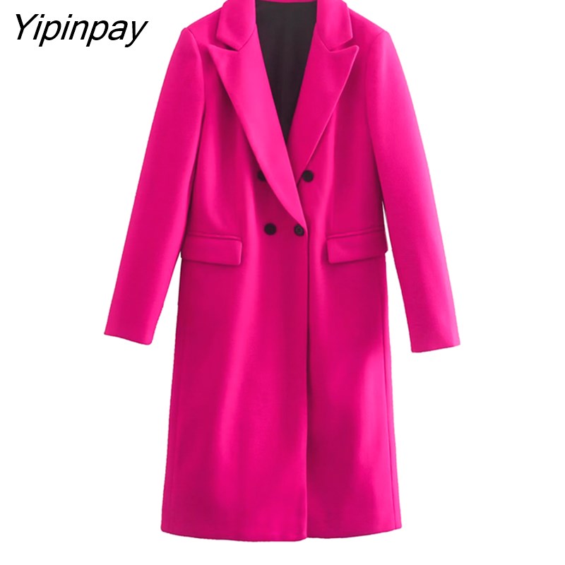 Yipinpay 2023 Women Solid Woolen Coat Autumn Winter Office Lady Long Sleeve Outwear Double Breasted Warm Basic Notched Overcoat
