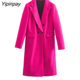 Yipinpay 2023 Women Solid Woolen Coat Autumn Winter Office Lady Long Sleeve Outwear Double Breasted Warm Basic Notched Overcoat