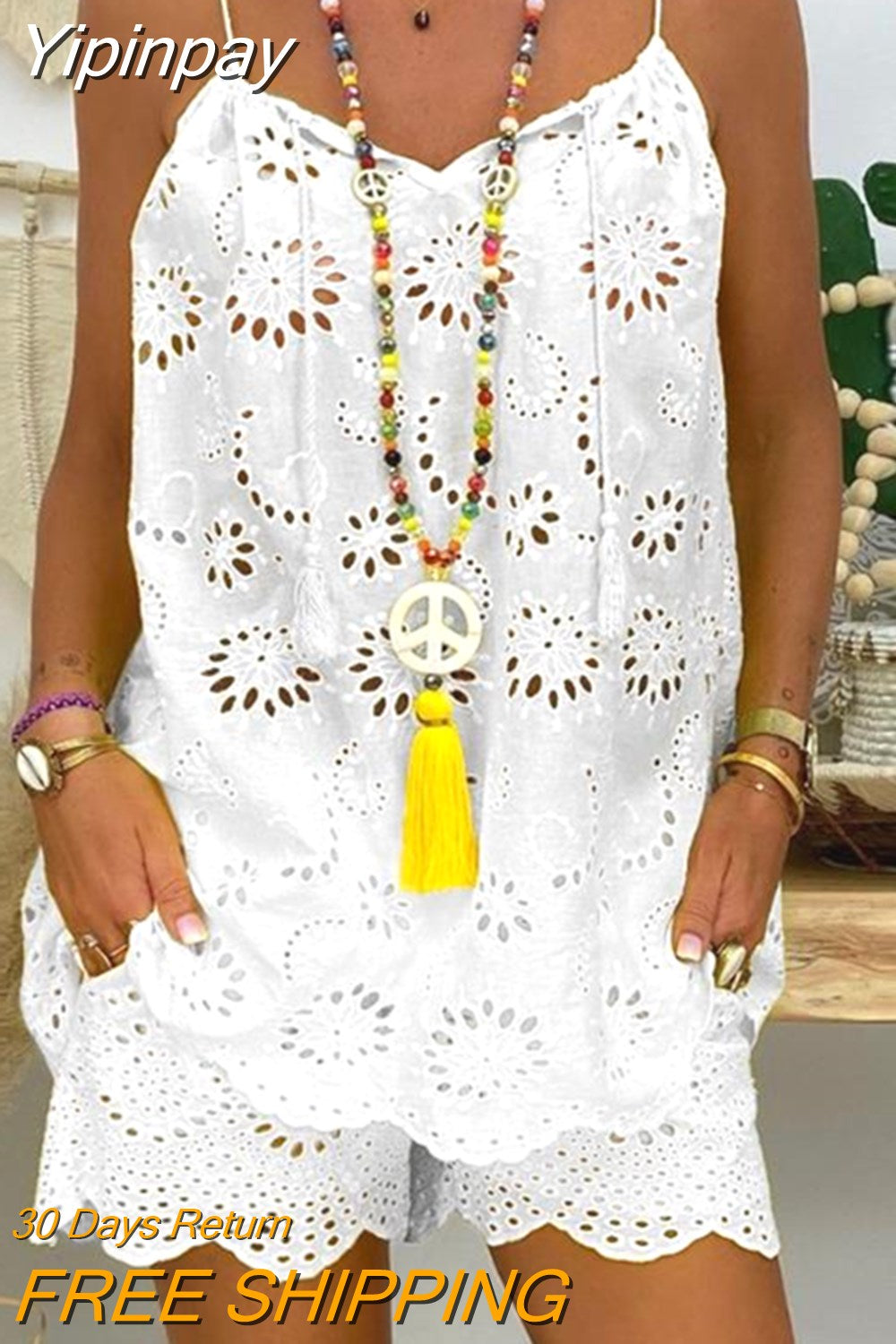 Yipinpay Two Piece Sets Women Outifits Casual V-Neck Sleeveless Camis Eyelet Embroidery Tassel Top Shorts Set 2023 Fashion Women Suit