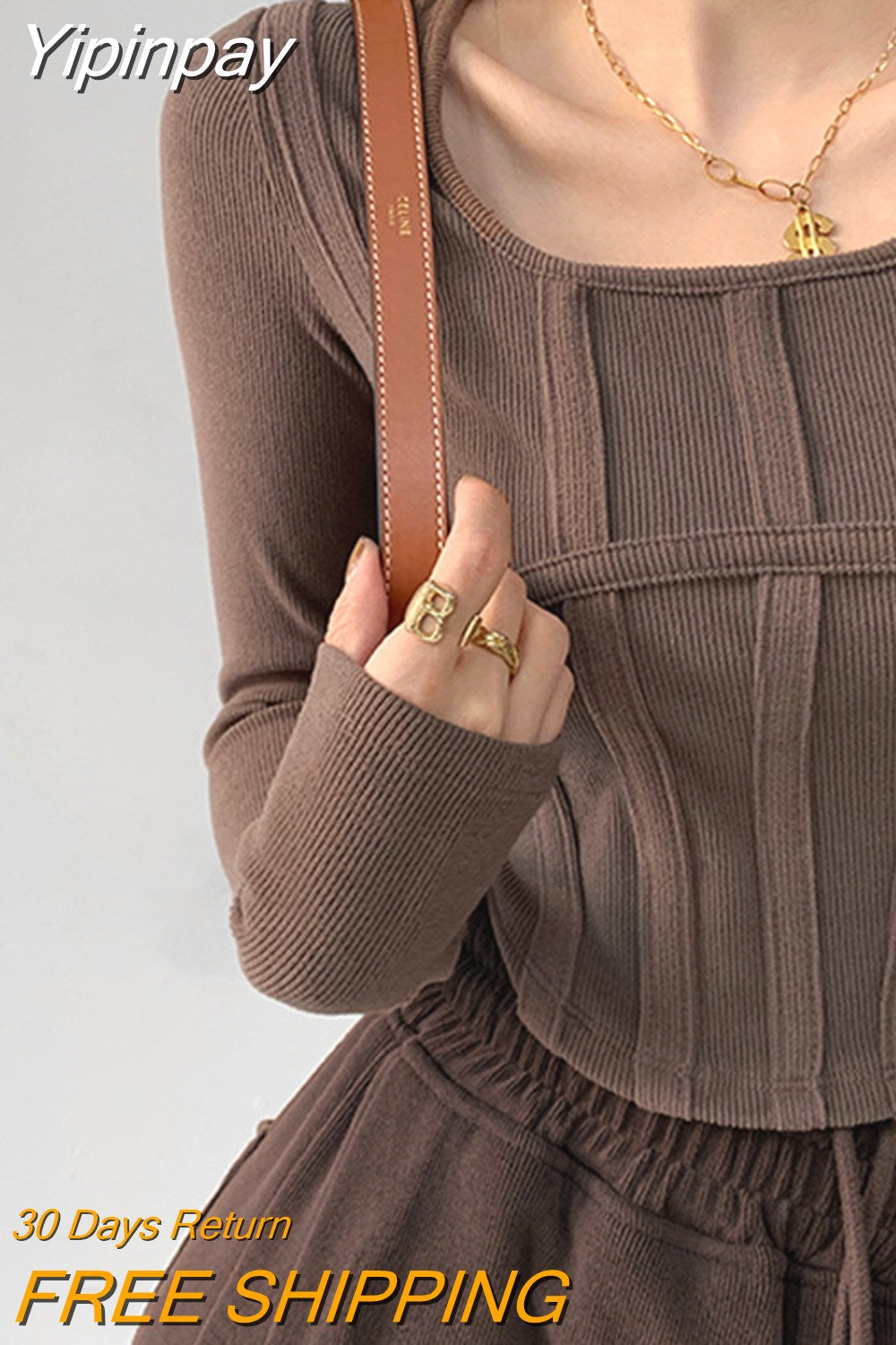 Yipinpay New Fishbone Pattern Women's Long Sleeve T-shirt Fashion High Waist Slim Square Collar Cropped Tops Woman