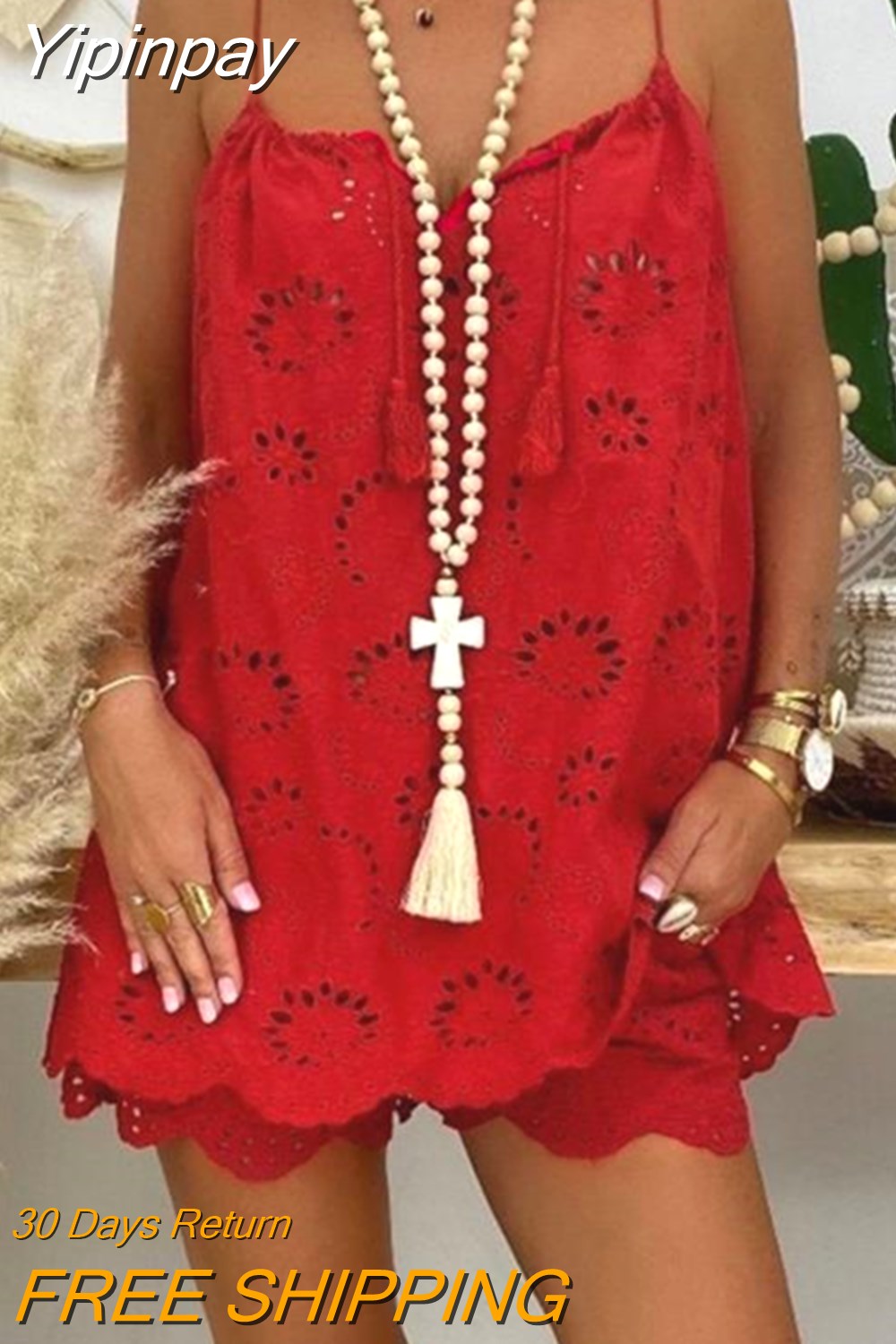 Yipinpay Two Piece Sets Women Outifits Casual V-Neck Sleeveless Camis Eyelet Embroidery Tassel Top Shorts Set 2023 Fashion Women Suit