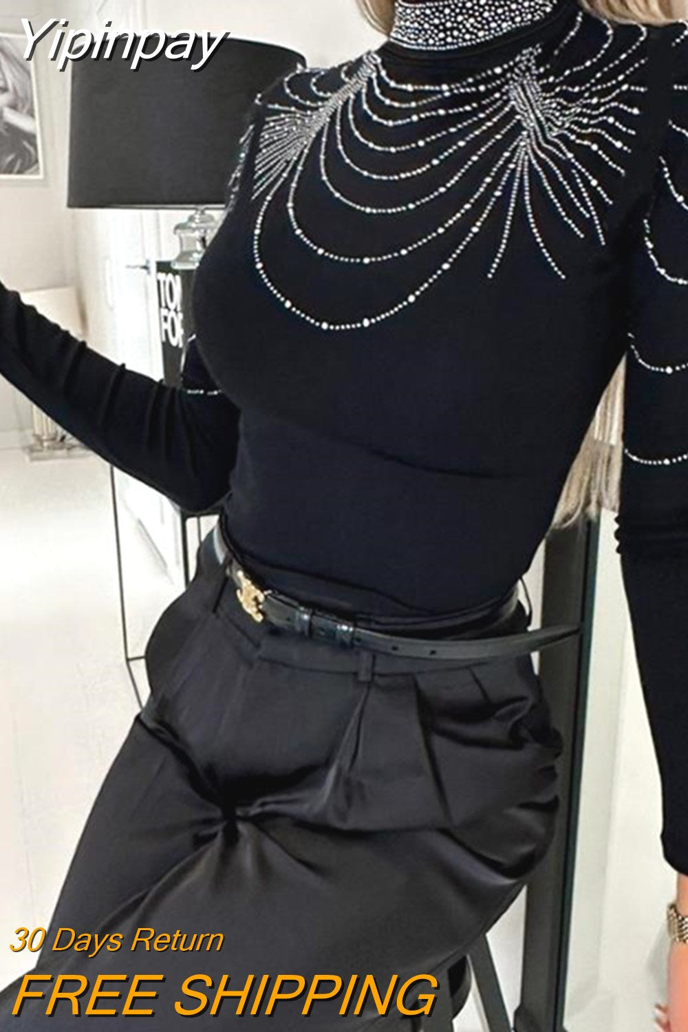 Yipinpay fashion woman blouses 2023 Rhinestone Decor Mock Neck Top pullover fall outfits women autumn winter female clothing