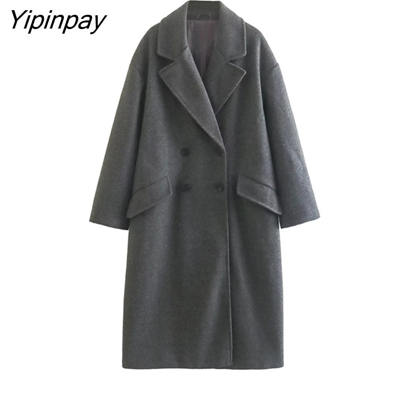 Yipinpay Elegant Ladies Loose Woolen Coat 2023 Winter Simple Double Breasted Long Sleeve Outwear Warm Basic Female Fashion Overcoat