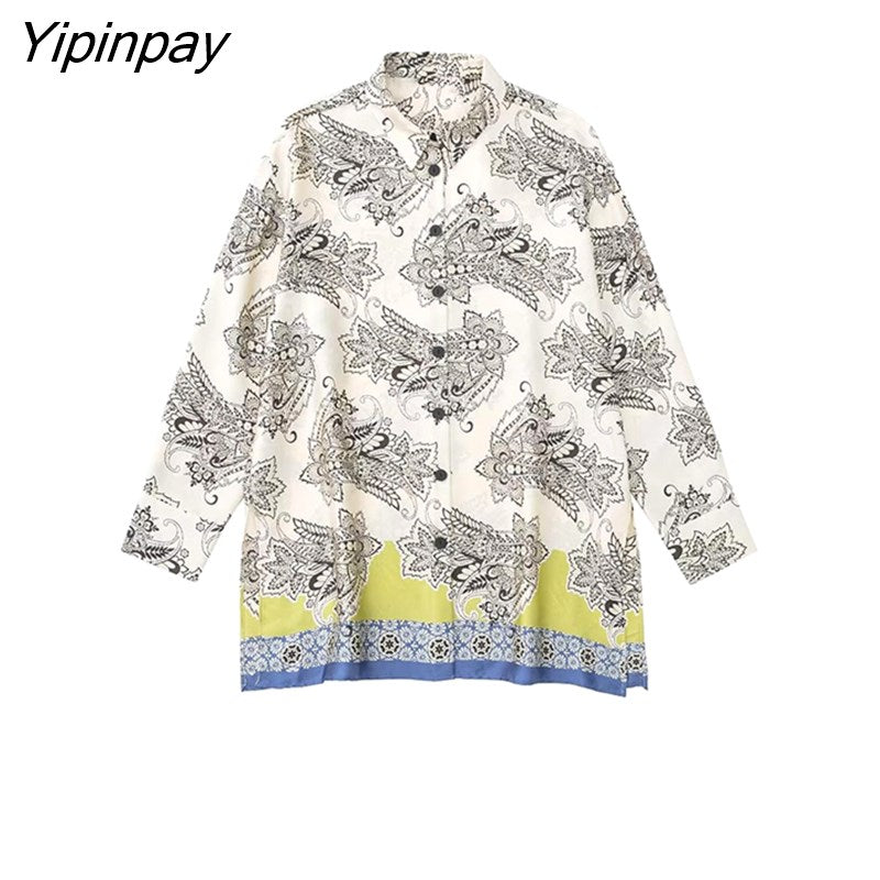 Yipinpay 2023 Spring Autumn Women Printed Shirts Suit Oversized Fashion Single Breasted Blouses 2 Pcs Wide Leg Pants Street Outwear