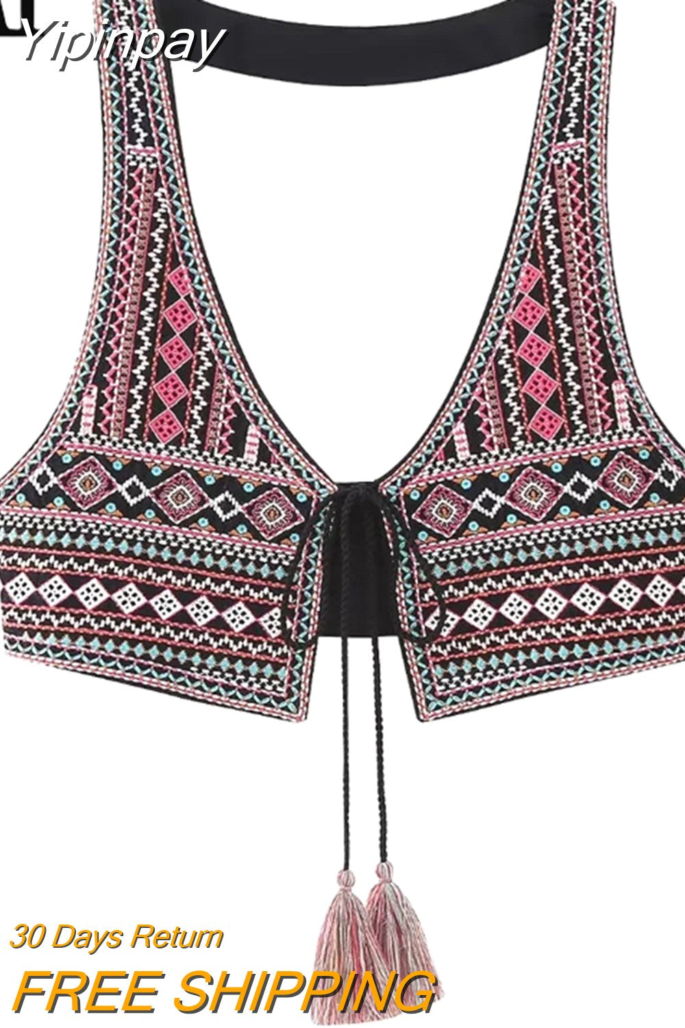 Yipinpay 2023 Embroidered Vest Woman Cropped Sleeveless Vests For Women Vintage Summer Boho Vest Women Tied Tassels Halter Crop Top