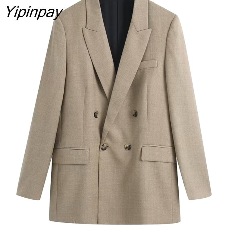Yipinpay Women New Autumn Blazer Pant Sets 2023 Long Sleeve Office Outfits Coat Double Breasted Jacket Zipper Trouser Outwear