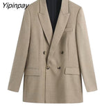 Yipinpay Women New Autumn Blazer Pant Sets 2023 Long Sleeve Office Outfits Coat Double Breasted Jacket Zipper Trouser Outwear