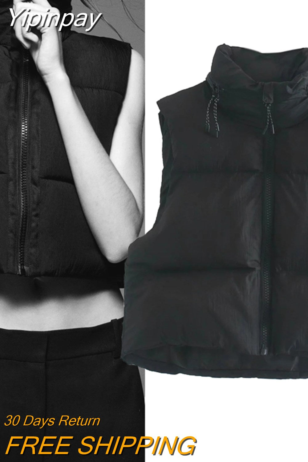 Yipinpay 2023 Winter Black Cropped Vest Coat Women Fashion Keep Warm Sleeveless High Collar Zip Up Wasitcoats Woman Casual Vest Top
