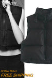 Yipinpay 2023 Winter Black Cropped Vest Coat Women Fashion Keep Warm Sleeveless High Collar Zip Up Wasitcoats Woman Casual Vest Top