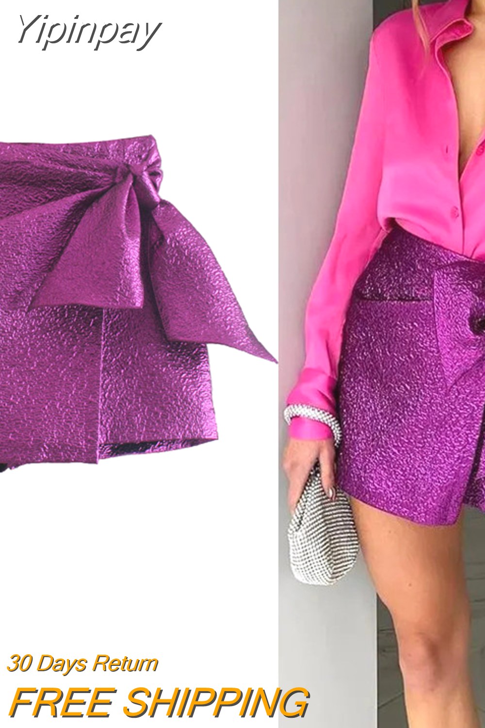 Yipinpay 2023 Purple Bow Skirt Shorts Woman Knot High Waist Skorts Sexy Fashion Shorts Women Y2k Streetwear Shiny Party Bottoms