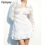Yipinpay 2023 Summer Women Embroidery Dresses Fashion Hollow Out Long Sleeve V-neck Dresses Single Breasted Fashion A-line Vestidos
